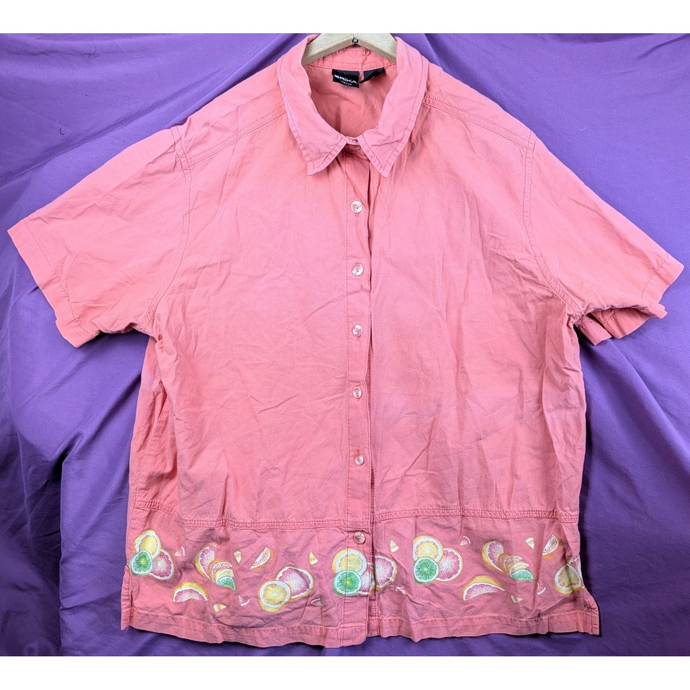 Erika Vintage Tropical Coral Citrus Pattern Batik Button up 2X 100% Cotton